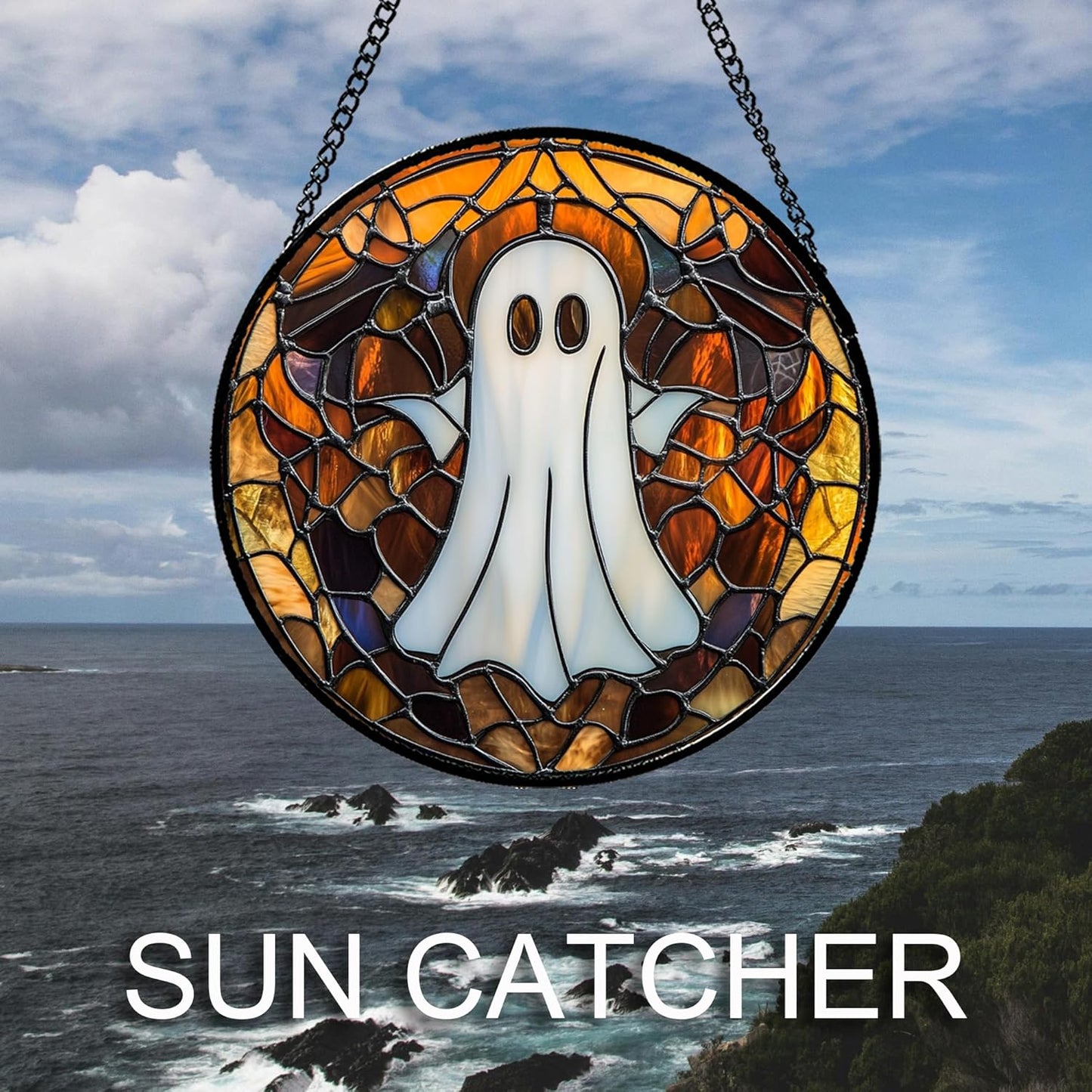 Stained Glass Window Hanging Halloween White Horror Ghost Large 11.8" - Suncatcher Door Garden Kitchen Sun Catcher Home Gothic Decor Birthday for Mom Men Woman Friend Grandma