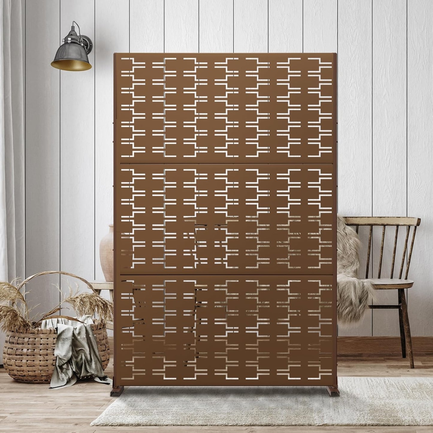 Metal Privacy Screen Outdoor 72" H×47" W,Freestanding Decorative Privacy Screen for Balcony Yard&Garden,Privacy Fence-Brown&Brick