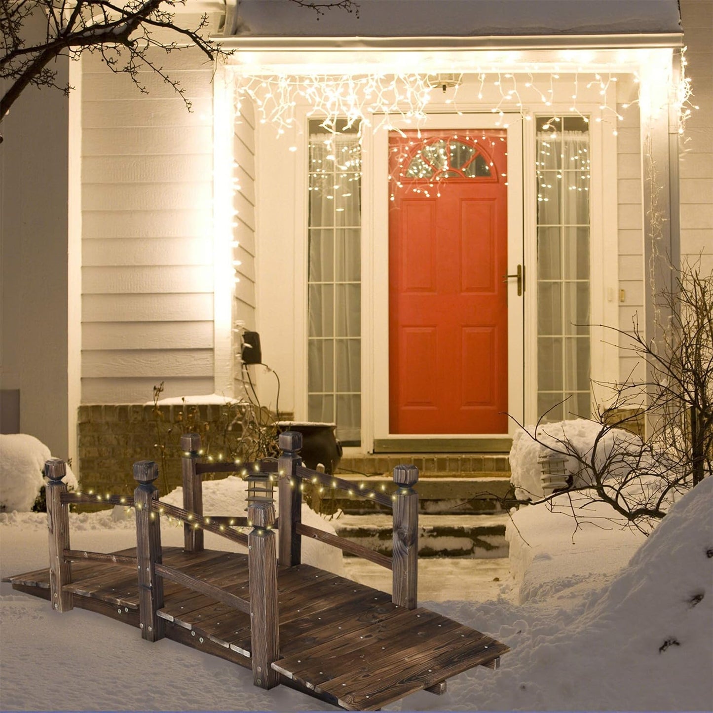 5FT Wooden Garden Bridge Arch Stained Finish Footbridge Decorative Backyard Bridge with Double Safety Railings Outdoor Lawn Pond Bridge Walkway for Garden Yard Patio Courtyard Farm Stream Creek