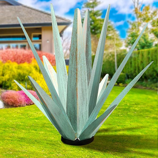 Large Tequila Rustic Sculpture, Rustic Metal Agave Plants for Outdoor Patio Yard, Home Decor Hand Painted Metal Agave Garden Yard Statue, Outdoor Lawn Ornaments (Mint Green - L)
