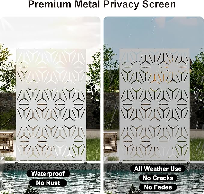 Metal Privacy Screen for Outdoor Freestanding Privacy Screens, 72" H x 44" W Patio Metal Fence Panels with Stand, Portable White Screens for Outside Deck Balcony Garden and Indoor