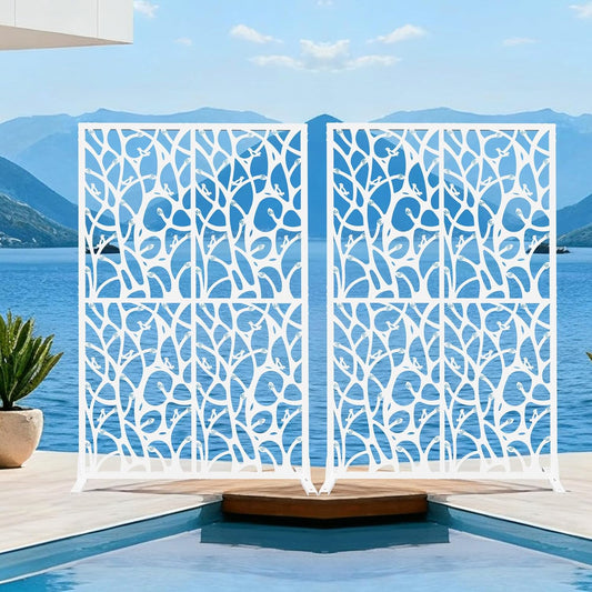Metal Privacy Screen Outdoor W3.8Ft x H 6Ft Patio Privacy Panels Free Standing Divider Decorative 2 Pack for Balcony Garden Room Lawn Deck(2, White Bird)