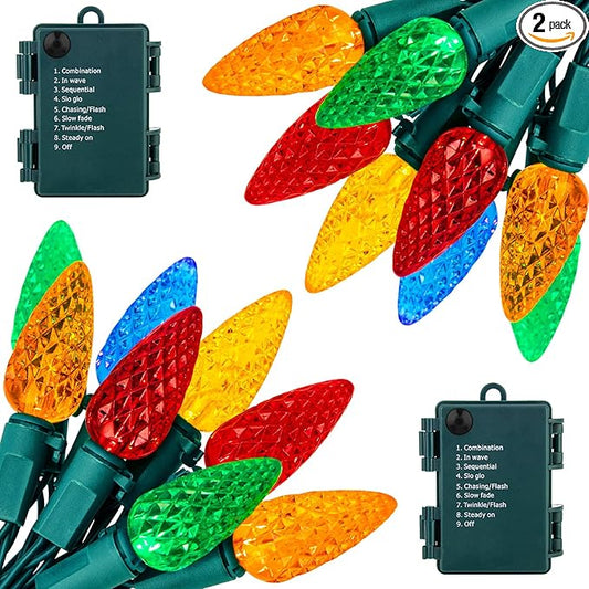 C6 LED Christmas String Lights - 2 Pack 20ft 60LED Battery Operated Strawberry String Lights with Timer and 8 Light Modes for Christmas Trees, Wreaths, Indoor Outdoor Xmas Decor, Multicolor