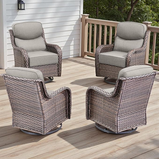 Rilyson 4 Piece Outdoor Patio Swivel Rocker Chairs, Waterproof Wicker, High Back, Deep Seating, Wide Armrest, Upgraded 6 inch Thick Cushions, Ideal for Deck Porch Backyard, Brown/Beige