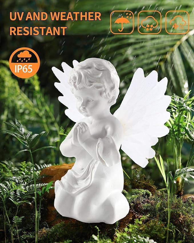iStatue Solar Praying Cherub Angel Light with Fibre Optic Wings - 7.1'' Sympathy Remembrance Memorial Gift for Grave Ornaments Garden Decor (Kneeling Angel)