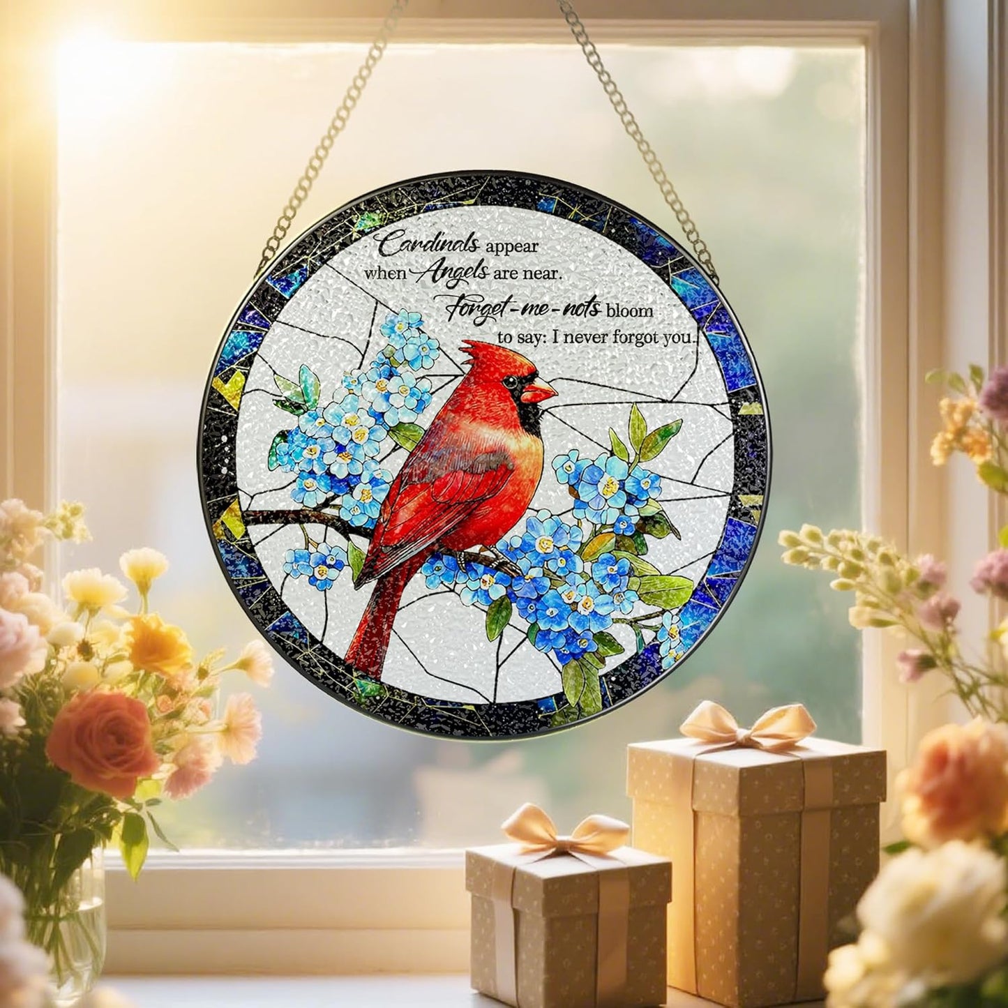 Cardinal Stained Glass Window Hanging, 8 Inch Sun Catchers Indoor Window, Suncatchers for Windows Hanging, Home Decor and Memorial Gift, Sympathy Gift, Cardinal Gifts, in Memory of Loved One Gifts