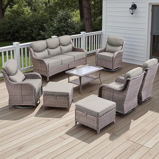 Rilyson Wicker Outdoor Patio Furniture Set - 8 Piece Patio Conversation Sets with Swivel Rocker Chairs, Ottomans, Sofa and Table, 6 inch Cushions, Deep Seating, for Porch Deck Brown/Beige