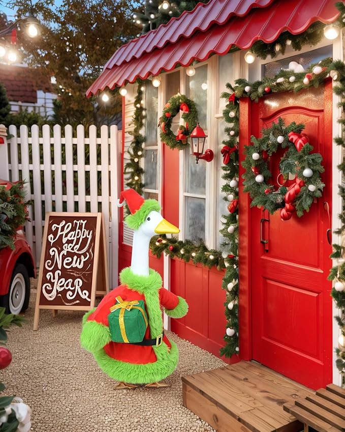 Christmas Porch Goose Outfits - Green Santa Claus Custome for 23 inch Porch Goose, Christmas Outdoor Decor for Lawn, Yard & Garden