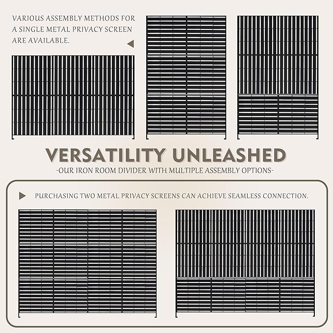 Kozyard Metal Privacy Screen 74" H x 47.2" W Decorative Outdoor Divider with Stand Panels Freestanding Screen Set for Deck Patio Balcony Garden Outdoor&Indoor(Black/Horizontal Slat)