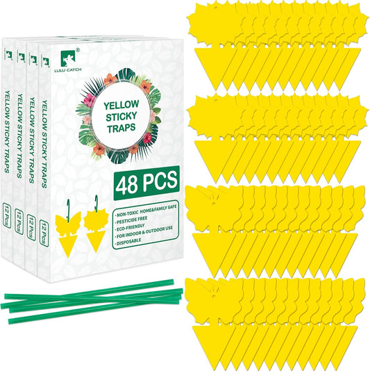LULUCATCH Fruit Fly Sticky Trap 48 Pack, Safe Gnat Traps for Fruits, Plants, Super Sticky Fly Trap for Indoor, Outdoor, Kitchen, Insect Catcher for White Flies, Mosquitos, Fungus Gnats, Flying Insects