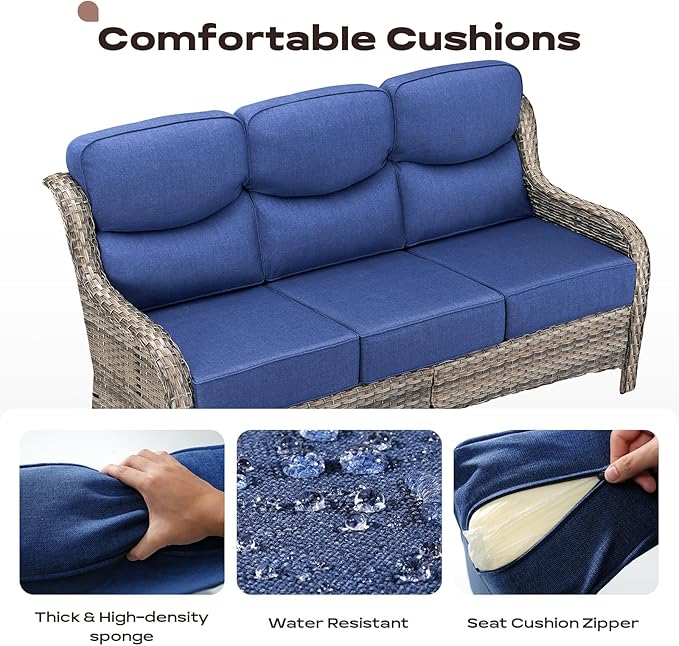 Rilyson Wicker Outdoor Patio Furniture Set - 8 Piece Patio Conversation Sets with Swivel Rocker Chairs, Ottomans, Sofa and Table, 6 inch Cushions, Deep Seating, for Porch Deck Mixed Grey/Blue