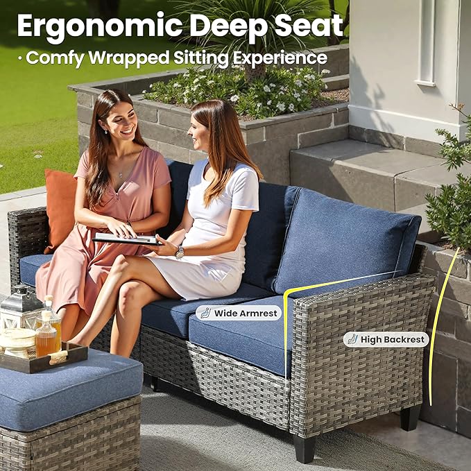 ovios 6 Pieces Patio Furniture Set with 42" Fire Pit Table, Outdoor Wicker Sofa with Comfy Cushions, All Weather High Back Rattan Couch Conversation Set, Denim Blue