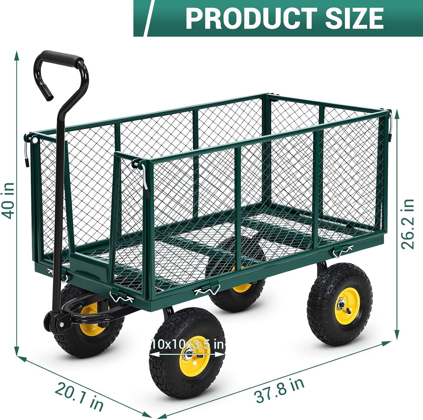 Heavy Duty Steel Garden Cart, 1100LBS Pullable Metal Garden Wagon with 10" Wheels, 180° Rotating Handle and Removable Sides for Outdoor, Farm, Yard, Beach ﻿