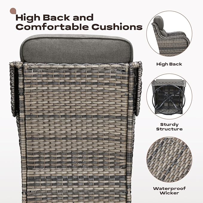 Rilyson Outdoor Patio Swivel Rocker Chairs Set of 2, Waterproof Wicker, High Back, Deep Seating, Wide Armrest, Upgraded 6 inch Thick Cushions, Side Table, Ideal for Deck Porch Yard, Mixed Grey-Grey