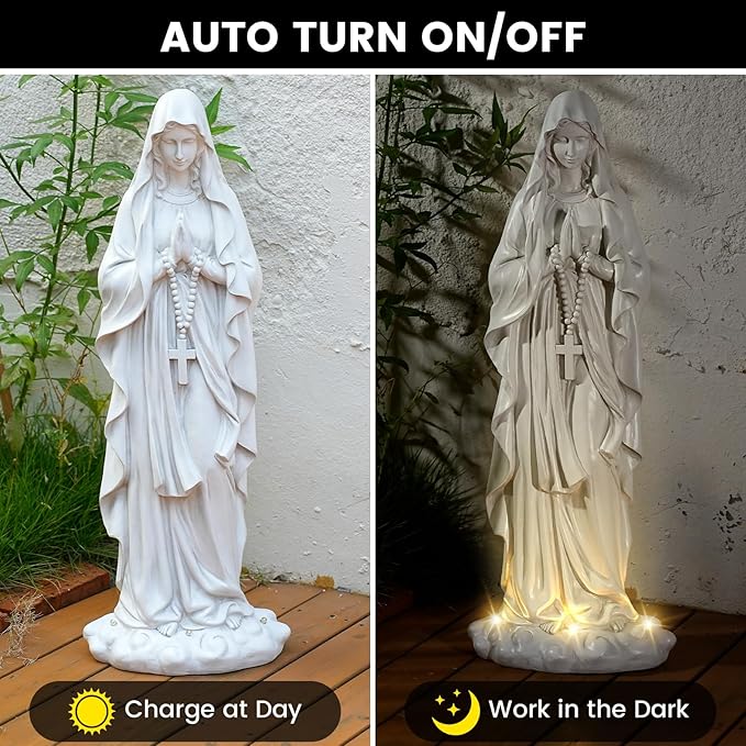 Virgin Mary Statue 31.49 Inch Religious Garden Statue Solar Mary Statue Outdoor Yard Patio Deck Home Entryway Hallway Sculpture