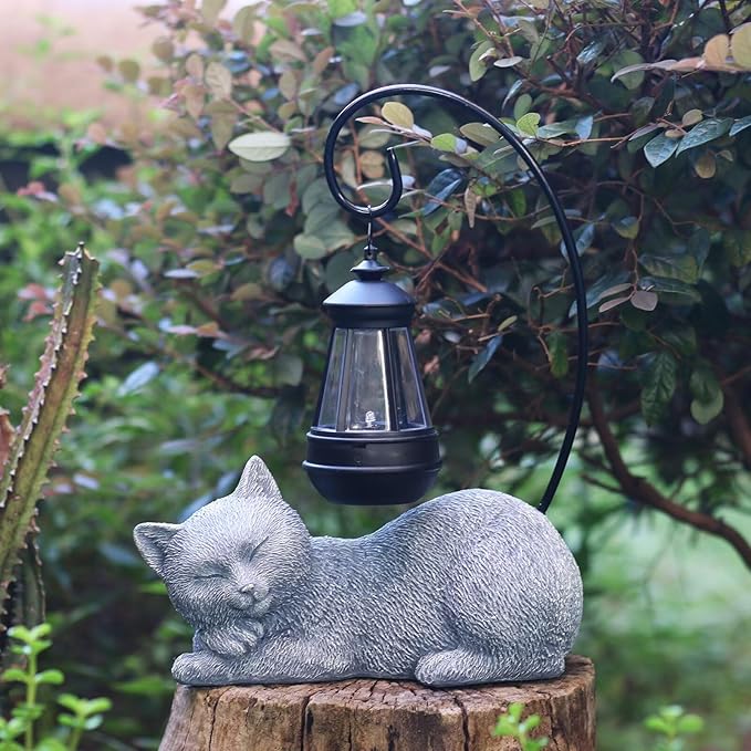 Solar Cat Outdoor Statues for Garden: Resin Cat Outside Decor with Solar Lantern Clearance for Yard Art, Cat Figurine Lawn Ornaments Porch Patio Balcony Home House - Birthday Gifts for Grandma Mom