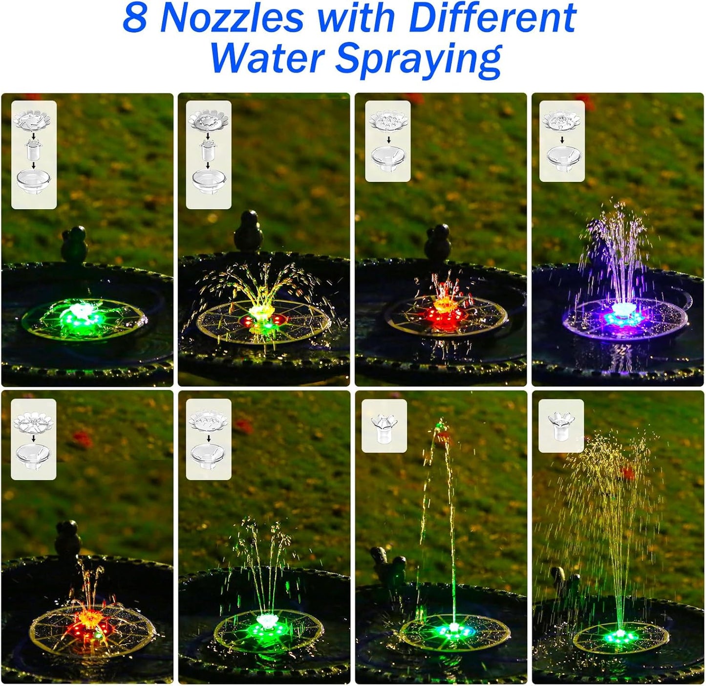 AISITIN 3.5W Solar Fountain Pump with LED Colorful Lights & 3000mAh Battery, Solar Bird Bath Fountain with 10 Nozzles, Solar Water Pump for Garden, Pond and Outdoor (Purple)