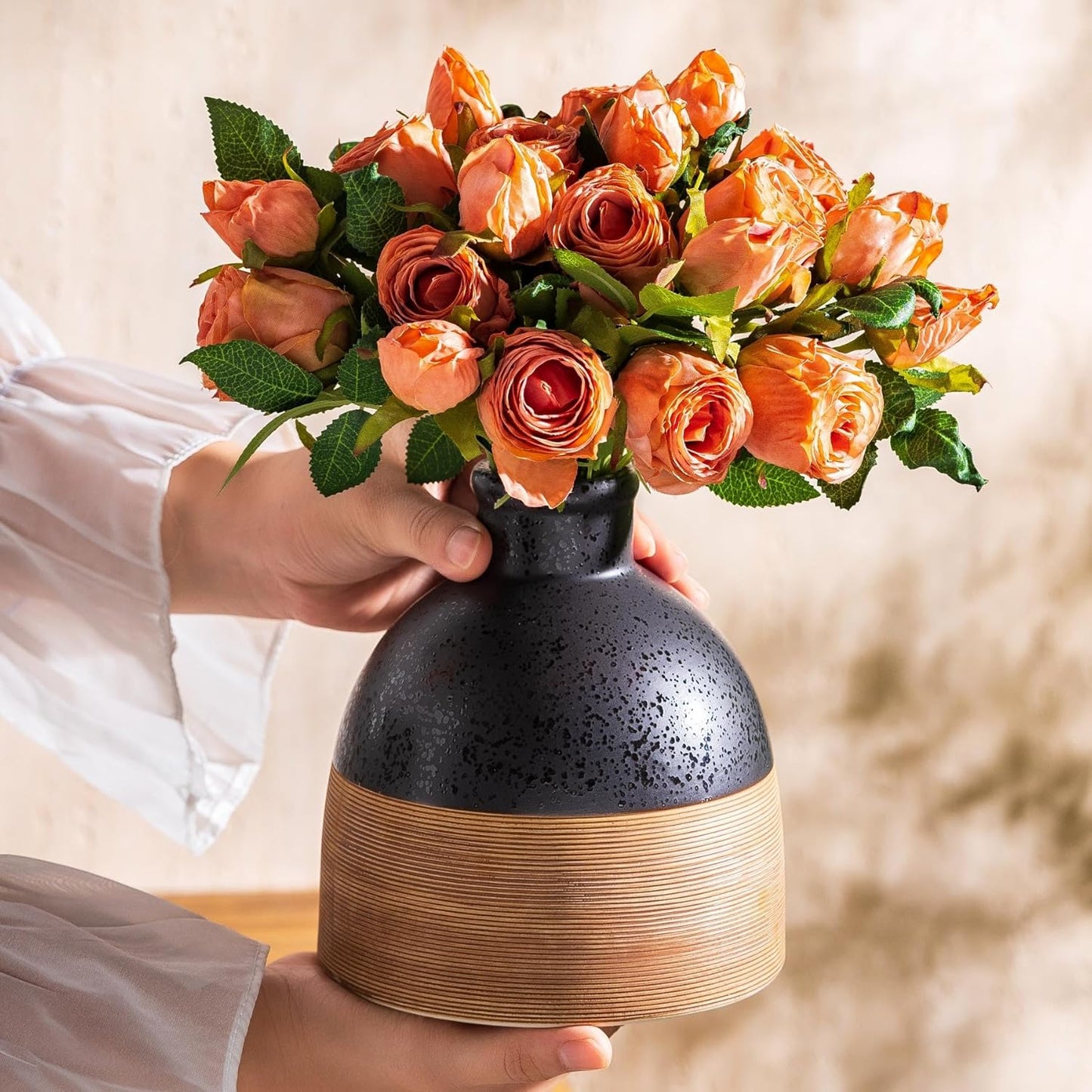 Black and Brown Rustic Farmhouse Flower Round Ceramic Striped Vase, Modern Bohemian Ceramic Floral Vase for Home Cottage Core Decor, Table, Living Room, Bookshelf Decor, Mantel, Wedding 6.5 Inch