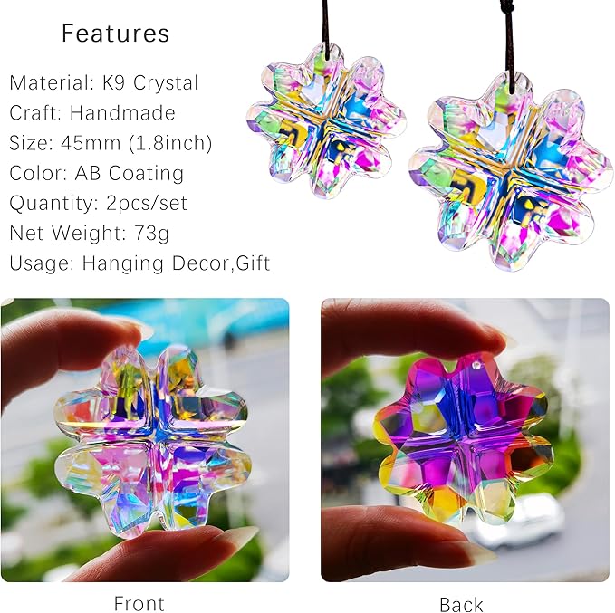 HDCRYSTALGIFTS 2PCS Crystal Prisms Suncatchers for Windows Christmas Ornaments,Lucky Four Leaf Clover Rainbow Maker Hanging Prism Sun Catchers for Home Garden Decoration,45mm