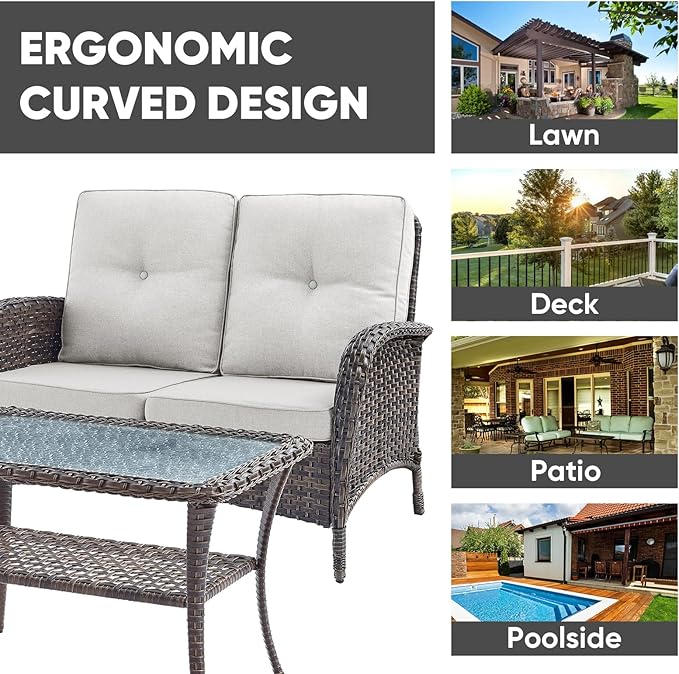 HUMMUH Outdoor Loveseat Sofa 2-Seat PE Wicker Outdoor Couch with Coffee Table, Deep Seat High Back Patio Furniture for Patio, Garden, Porch, Deck (Beige)