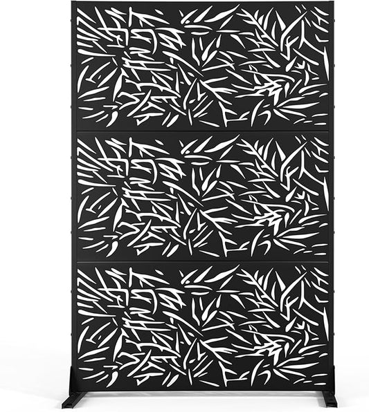 Metal Privacy Screen Outdoor Freestanding Privacy Wall Panels and Decorative Patio Dividers, Crafted from Steel with Sun-Proof Design, Ideal for Patio, Deck, Garden,72" H×47" L（Black&Bamboo）