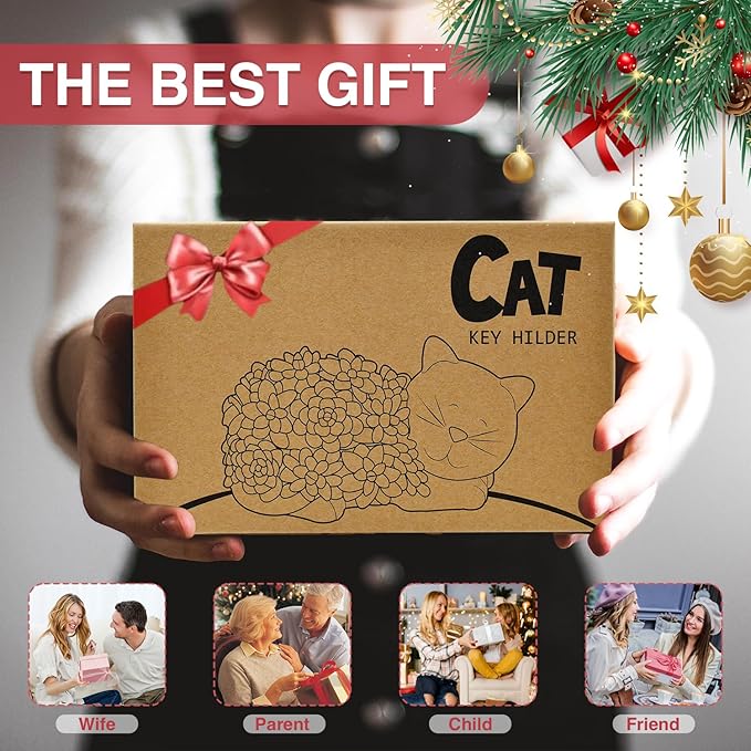 Outdoor Cat Key Hider Statue - Cute Succulent Cat Hide a Key Outdoor Decorative - Small Gift Box for Women, Home Decor & Cat Gifts (Cat)