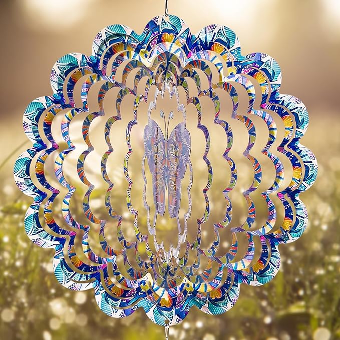 TUOKING Butterfly Wind Spinners Outdoor for Yard and Garden Decor 3D Hanging Wind Sculpture 12 Inch Stainless Steel Wind Spinner Decoration Worth Gift for Women