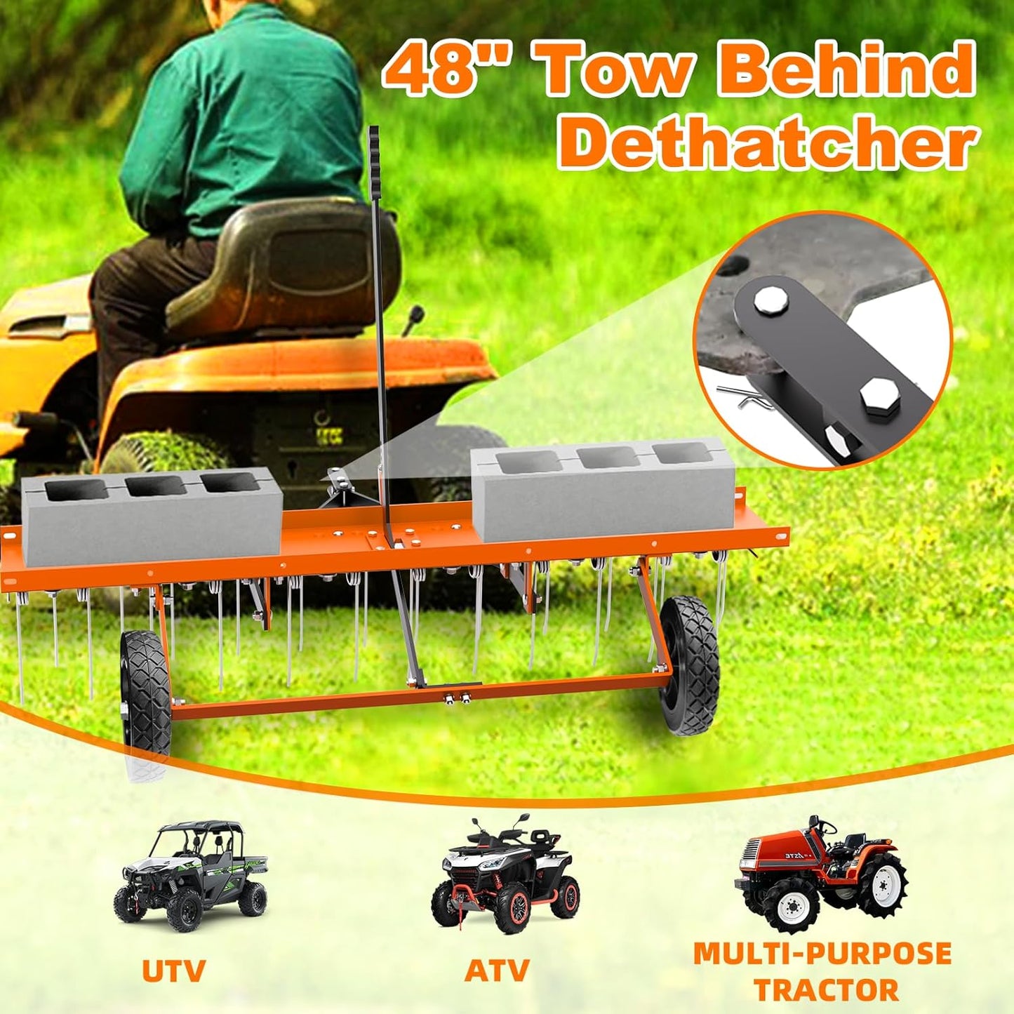 48" Tow Behind Lawn Dethatcher, Pull Behind Rake with 24 Rust-Proof Tines and Heavy Tires, Lawn Tractor Rake with Lift Handle, Tow Behind Rakes to Remove Thatch, Leaves from Large Lawn Area