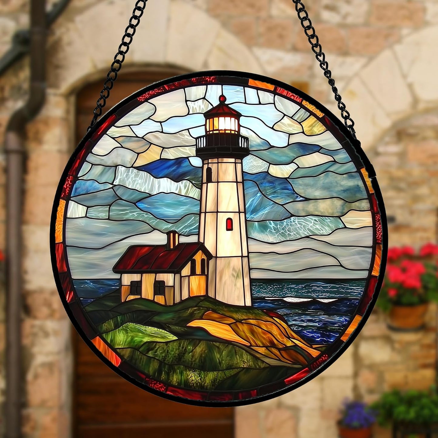 Stained Glass Window Hanging, Ocean Lighthouse Sun Catchers Glass Panel Blue Green Suncatcher Decor for Birthday for Women, Men, Wife, Aunt, and Mom 11.8 in