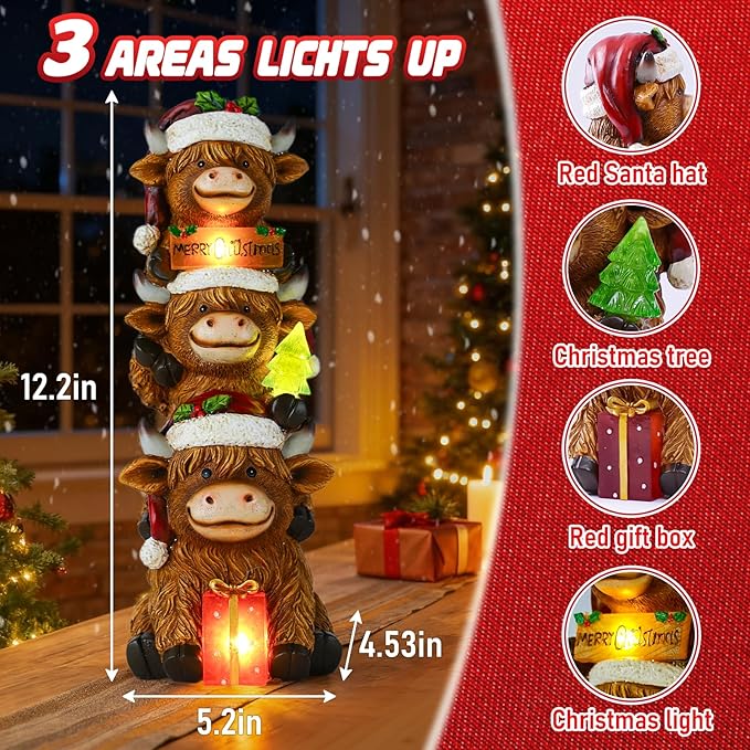 Christmas Highland Cow Decor with Solar Light Triple Highland Cow Christmas Decorations Gifts for Women Mom Funny Highland Cows Garden Statues for Garden Patio Lawn Yard Decor