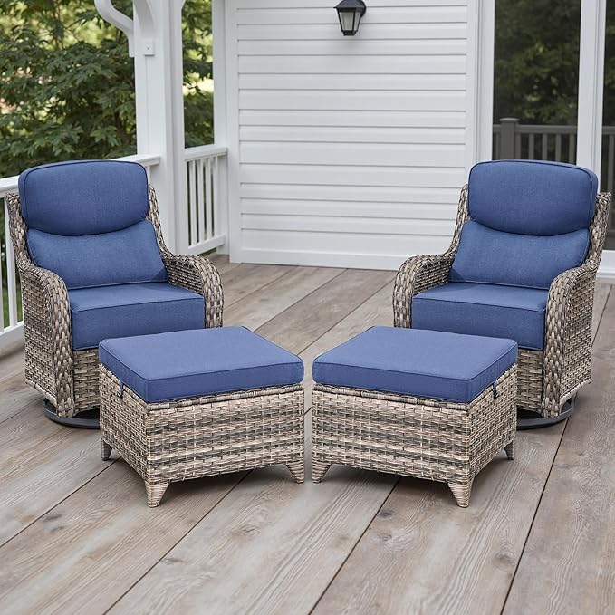 Rilyson Wicker Outdoor Patio Furniture Set - 4 Piece Patio Conversation Set with Swivel Rocker Chairs and Ottomans, 6 inch Cushions, High Back, Deep Seating, for Porch Deck Garden Mixed Grey/Blue