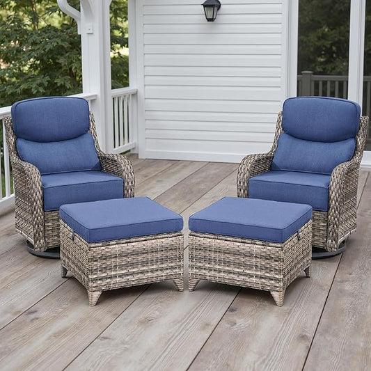 Rilyson Wicker Outdoor Patio Furniture Set - 4 Piece Patio Conversation Set with Swivel Rocker Chairs and Ottomans, 6 inch Cushions, High Back, Deep Seating, for Porch Deck Garden Mixed Grey/Blue