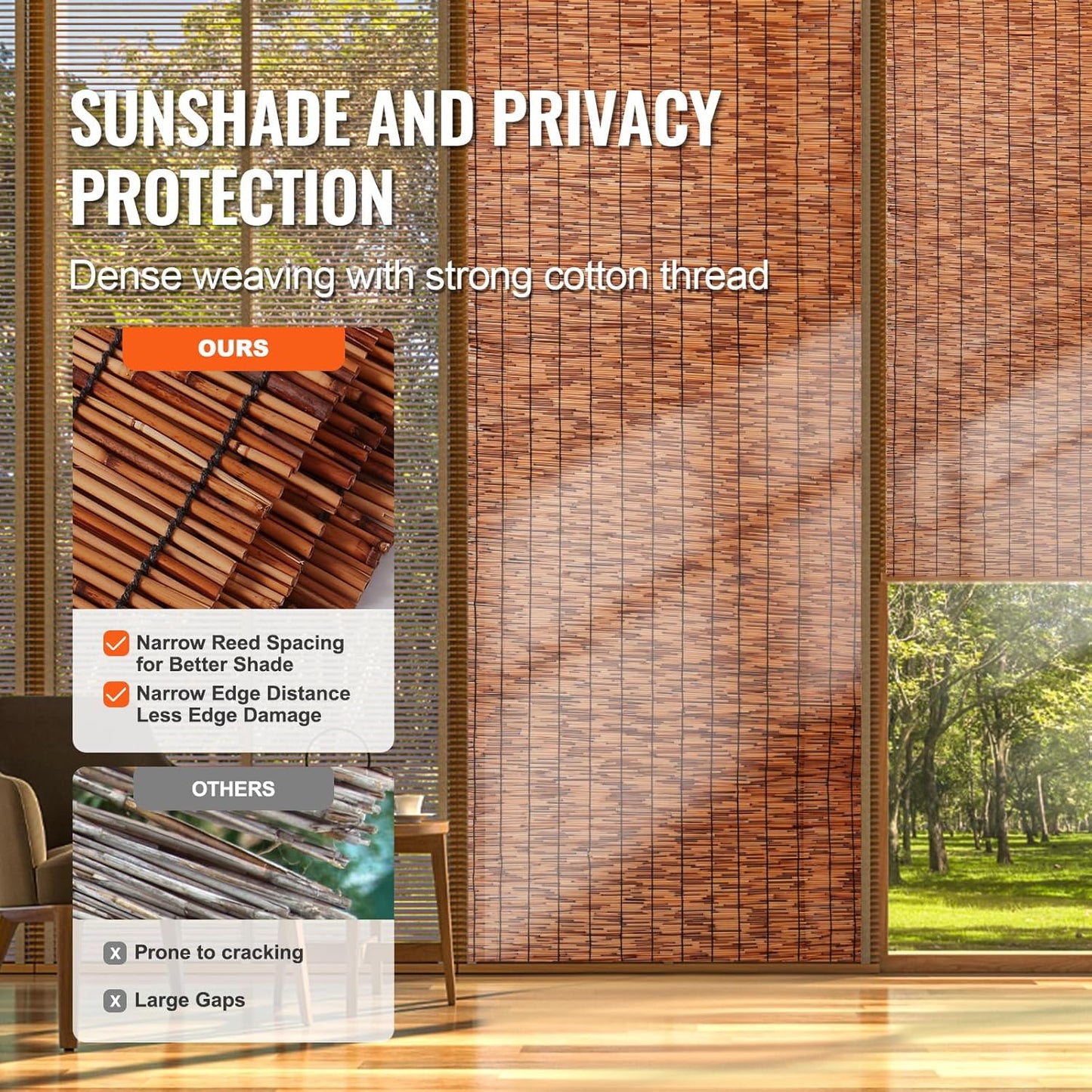 VEVOR Natural Reed Fencing, 3.3 ft x 13.3 ft, Reed Screen Curtain Balcony Reed Fence Roll for Outdoor Backyard Patio, Decorative Fence for Backyard Garden Fencing Divider, Privacy Screen Panel, Brown