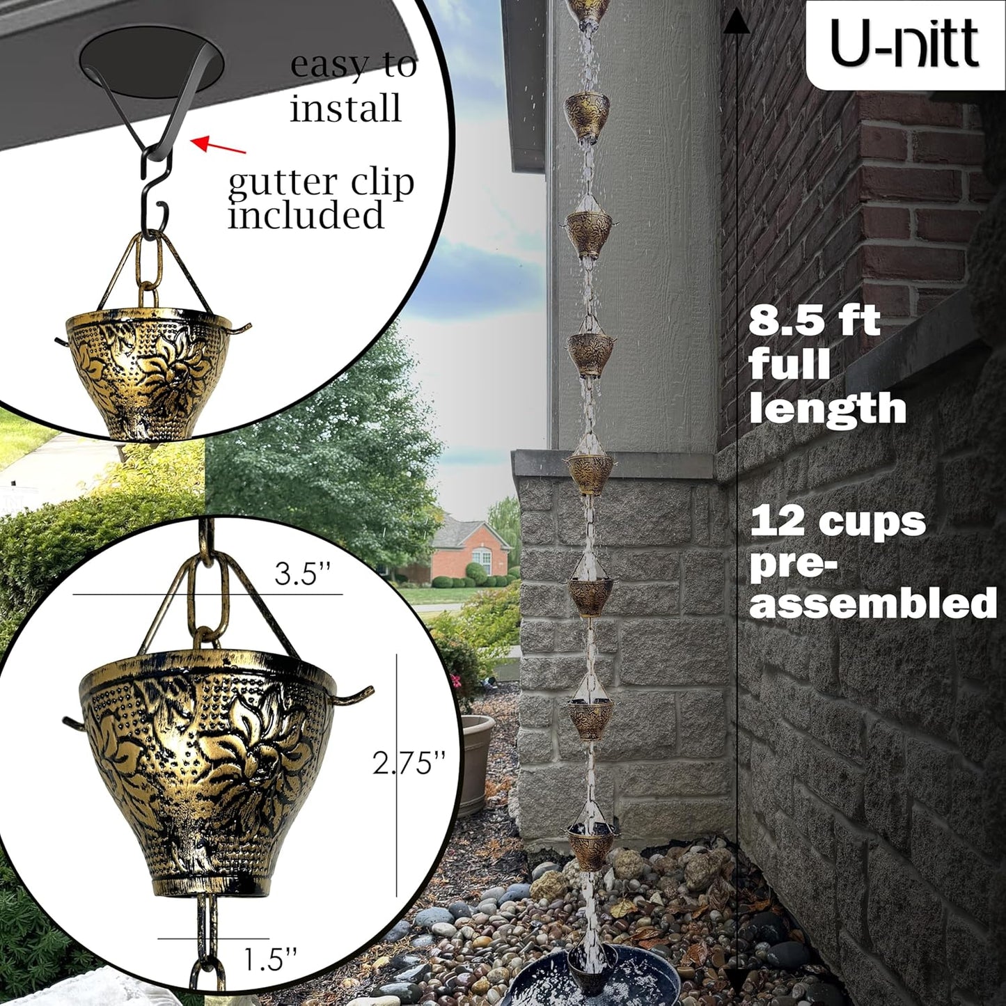 U-nitt Rain Chain Water Collection for Gutters, Rainwater Catcher & Diverter, 8.5 FT Chains for Outside Garden, Sunflower Cups, Roof Downspout, Works with Heavy Rain, w/Gutter Clip for Rainchains