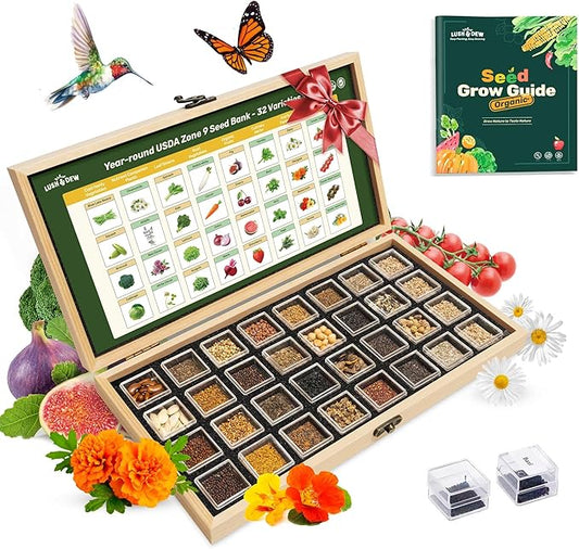 Lush&Dew Year-Round USDA Zone 9 Seed Bank, Gift for Mom Dad, 32 Varieties Non-GMO Heirloom Seeds of Vegetables Herbs, Gardening Gifts for Women Men, Survival Seed Kit for Raised Garden Bed Greenhouse