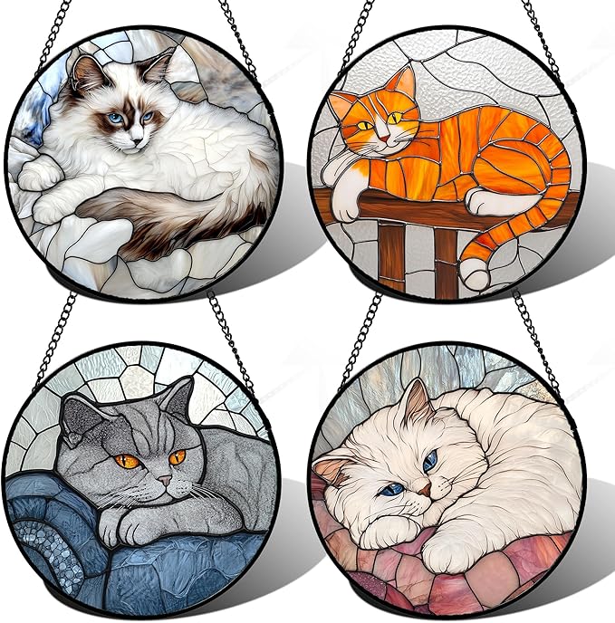 Stained Glass Window Hanging 4 Pcs Set Cute Cat 6.3" - Suncatcher Door Garden Sun Catcher Decor Birthday Mother's Day Christmas Comfort Gifts for Lost Pet Woman Nana Mom Men Friend