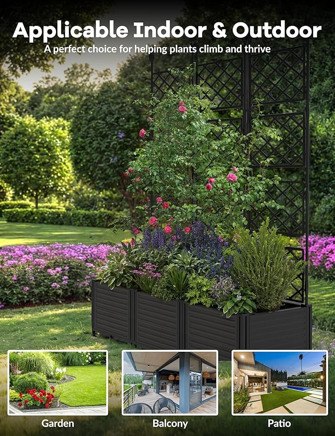 CABIHOME Raised Garden Bed Kit with Trellis, Vertical Planter Box for Balcony Privacy Screen, Small Space Vertical Garden for Climbing Plants & Flowers on Patio and Balcony, Easy Assembly