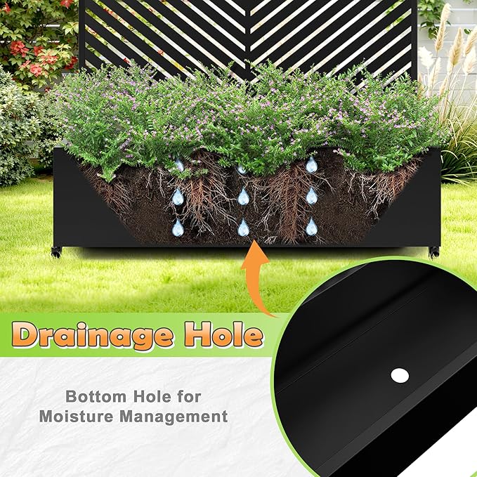 Metal Raised Garden Bed with Trellis, 2-in-1 Planter Box & Privacy Screen for Climbing Plants, Outdoor Standing Flower Bed with Drainage Holes, 47.2" L x 16.7" W x 70.8" H, Black-Parallel