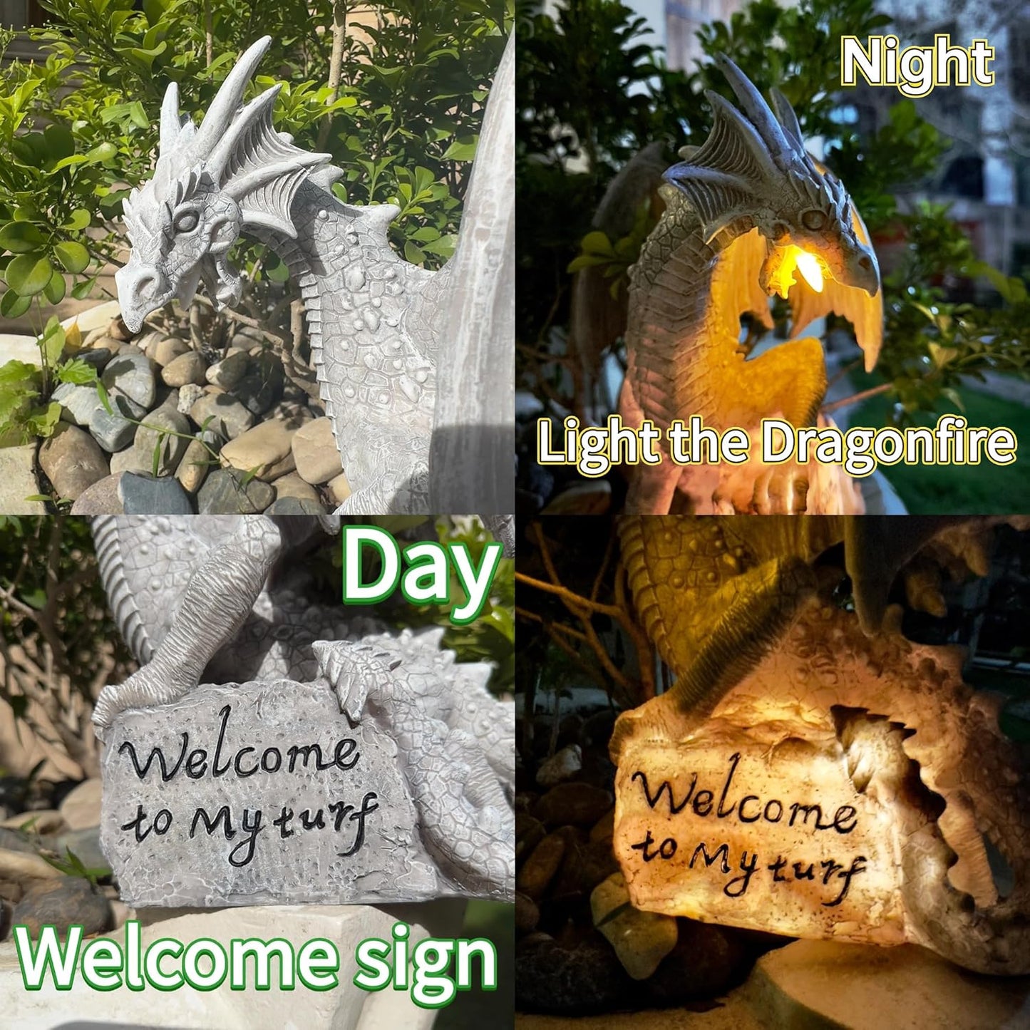 Garden Large Dragon Statue Solar Powered Outdoor Figurine Light The Dragonfire Welcome to My Turf Sign Big Resin Sculpture Home Decoration Housewarming Ornament Unique Gift