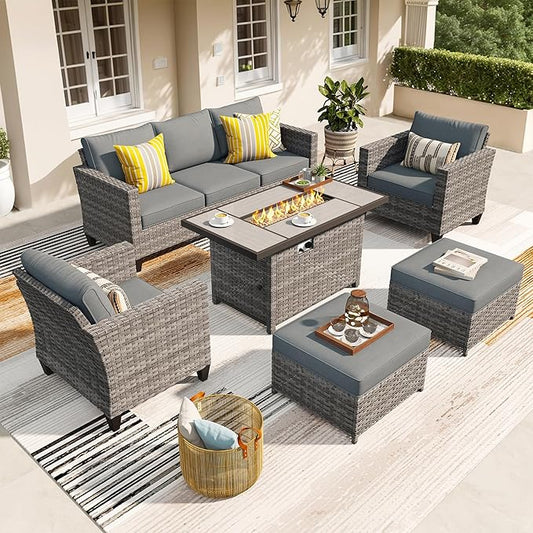 ovios 6 Pieces Patio Furniture Set with 42" Fire Pit Table, Outdoor Wicker Sofa with Comfy Cushions, All Weather High Back Rattan Couch Conversation Set, Dark Grey