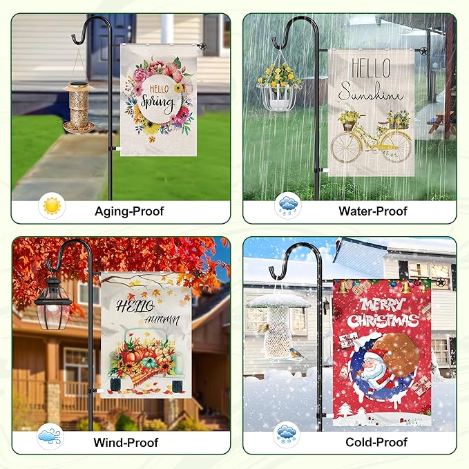 XDW-GIFTS Upgraded Garden Flag Holder Stand with Shepherd Hook for 28'' x 40'' Flags 60 in Heavy Duty Yard Flag Post Stake with 2 Spring Stoppers and 1 Clip for Outside (Without Solar Lights & Flag)