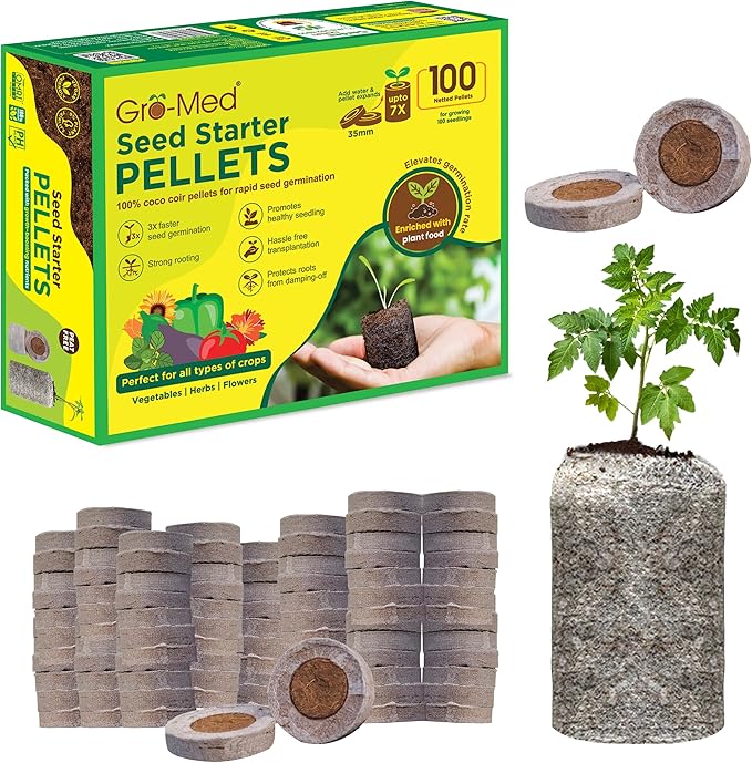 Gro-Med Organic Coco Coir Seed Starter Pellets NPK Enriched 100 Pcs, 35mm Perfect to Grow Herbs, Vegetables, Flowers Seedling, Compressed Coconut Coir Soil Plugs for Seed Germination - OMRI