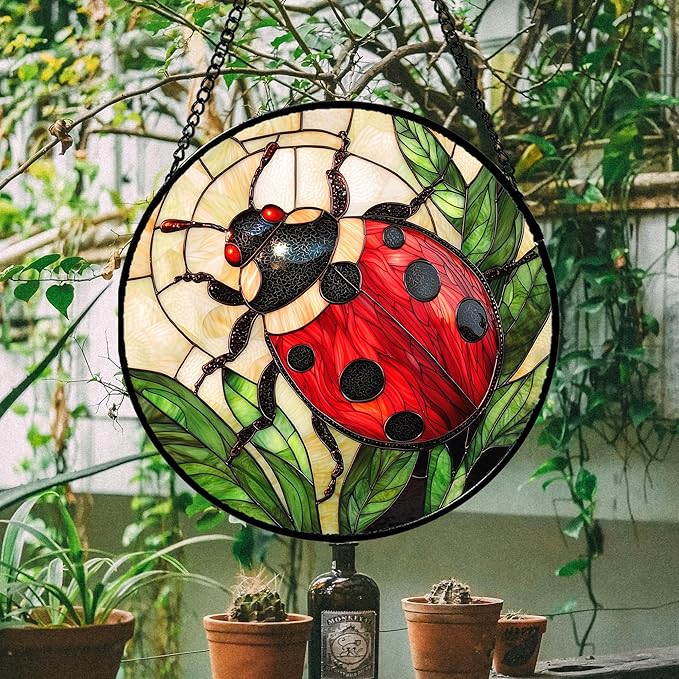 Stained Glass Window Hanging - Red Seven-Spotted Ladybug Sun Catcher for Door Home Decor Insect Suncatcher Christmas Mother's Day Birthday Gifts for Women Men Mom Nana 7.8 in