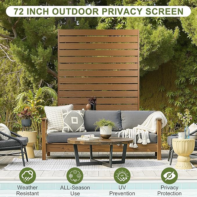 NicBex Outdoor Privacy Screen, 72" H x 47" W Privacy Screen Fence, Brown Freestanding Fence Panels with Metal Stand, HDPE Indoor Decorative Divider for Balcony, Pool, Garden, Bathroom