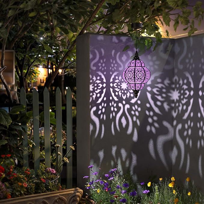 Hanging Solar Lights Outdoor Garden Decor Solar Lantern Waterproof Plastic Moroccan Outdoor Decorations for Patio Pathway Yard Backyard Garden Decorative (2, Purple)