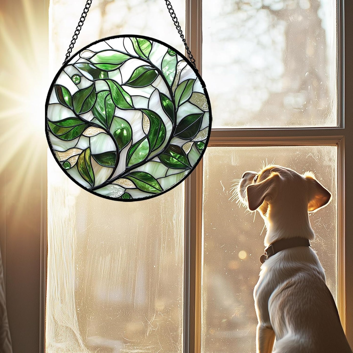 Stained Glass Window Hanging - White Green Leaves Suncatcher for Doors Window Home Plant Sun Catchers Decor Christmas Mother's Day Birthday Gifts for Teacher Women Men Mom Nana 9.8 in
