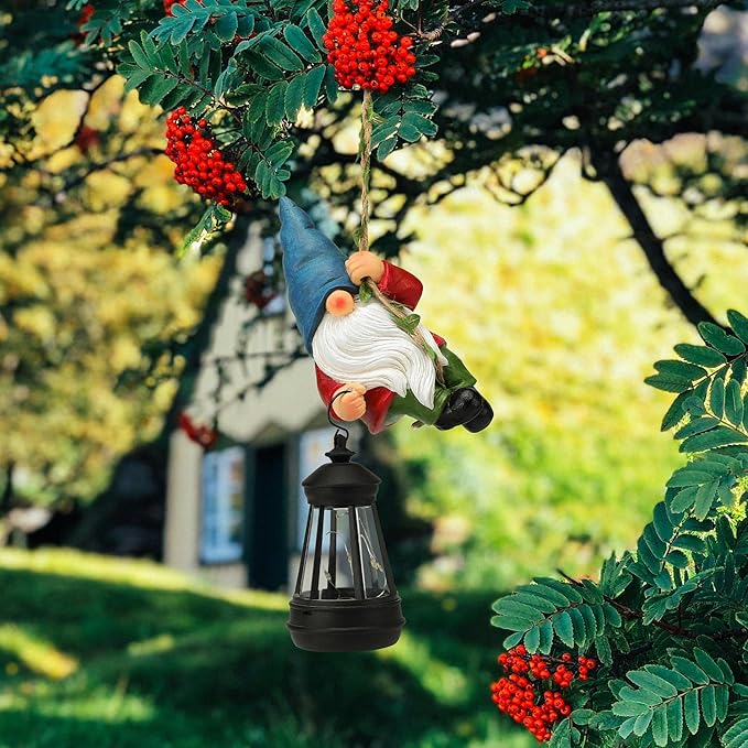 Solar Hanging Gnome Garden Statue Climbing Rope Gnome with LED Lantern Outdoor Decor Tree Hugger Yard Porch Wall Decoration Christmas Gardening Gift for Mom