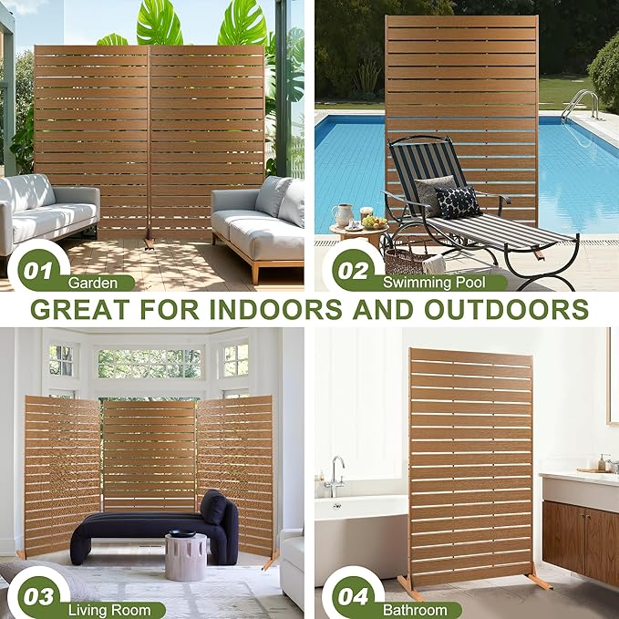 NicBex 3-Pack Outdoor Privacy Screen, 72" H x 47" W Privacy Screen Freestanding Decorative Fence with Metal Stand, HDPE Fence Panels Indoor Decorative Divider for Pool, Garden, Bathroom, Brown