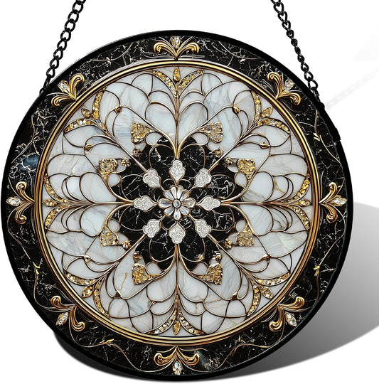 Stained Glass Window Hanging, Black and White Gold Boho Pattern Suncatcher for Doors Window Home Abstract Flower Sun Catchers Decor Mother's Day Birthday Gifts for Women, Men Mom 9.8 in