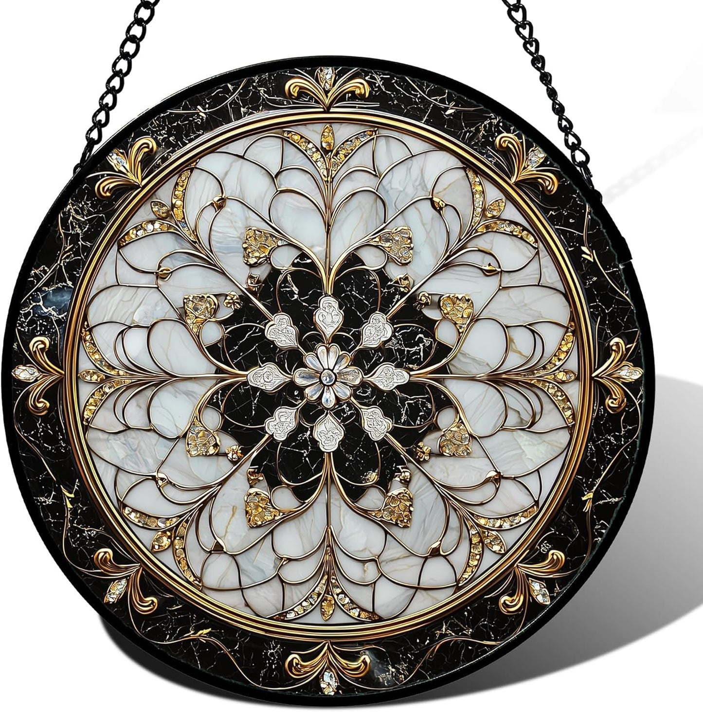 Stained Glass Window Hanging, Black and White Gold Boho Pattern Suncatcher for Doors Window Home Abstract Flower Sun Catchers Decor Mother's Day Birthday Gifts for Women, Men Mom 11.8 in